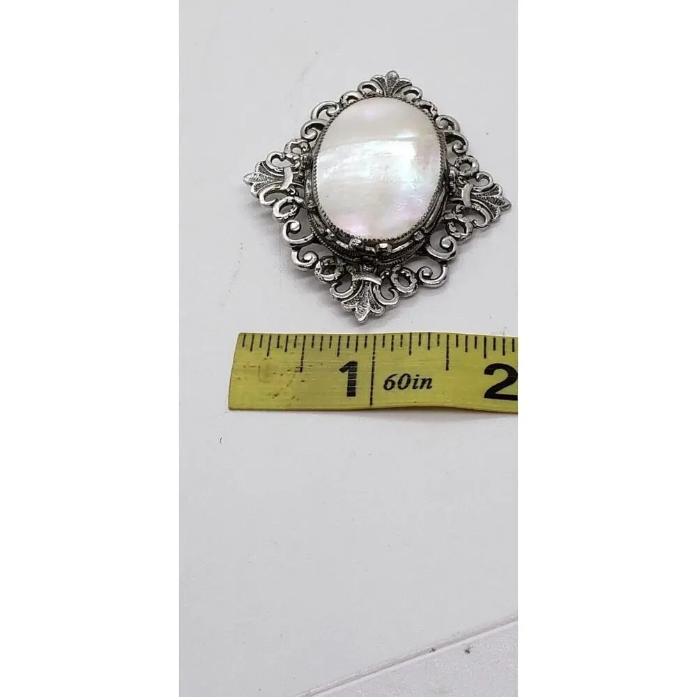 Vintage Whiting Davis Mother of Pearl Brooch Victorian Revival Silver Filagree